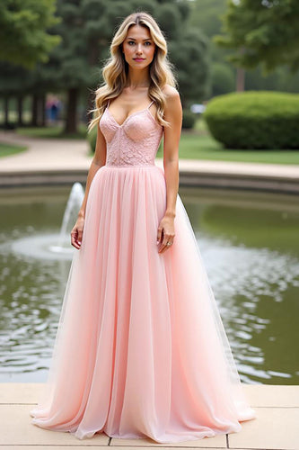 Pink Organza Spaghetti Straps Long A Line Prom Dress with Lace