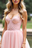 Load image into Gallery viewer, Pink Organza Spaghetti Straps Long A Line Prom Dress with Lace