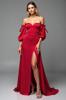 Load image into Gallery viewer, Red Satin Sweetheart Puff Sleeves Long A Line Prom Dress with Slit