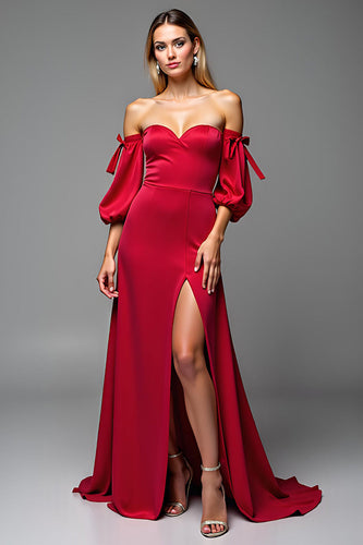Red Satin Sweetheart Puff Sleeves Long A Line Prom Dress with Slit