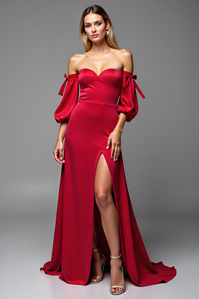 Load image into Gallery viewer, Red Satin Sweetheart Puff Sleeves Long A Line Prom Dress with Slit