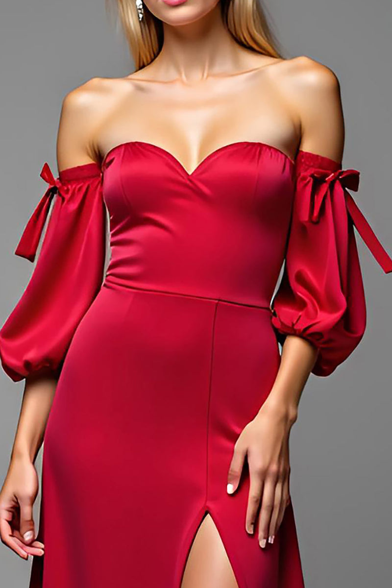 Load image into Gallery viewer, Red Satin Sweetheart Puff Sleeves Long A Line Prom Dress with Slit