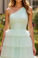 Load image into Gallery viewer, Mint Green One Shoulder Long Ball Gown Prom Dress with Ruffles