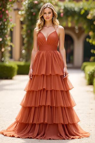 Terracotta Spaghetti Straps Long Ball Gown Prom Dress with Ruffles