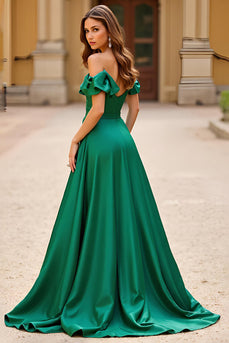 Dark Green Off The Shoulder Long Ball Gown Prom Dress with Ruffles