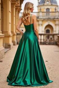 Dark Green Spaghetti Straps Long Ball Gown Prom Dress with Slit