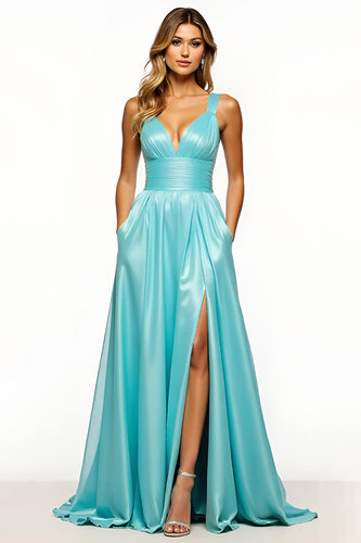 Slate Blue V-Neck Long A Line Prom Dress with Pockets