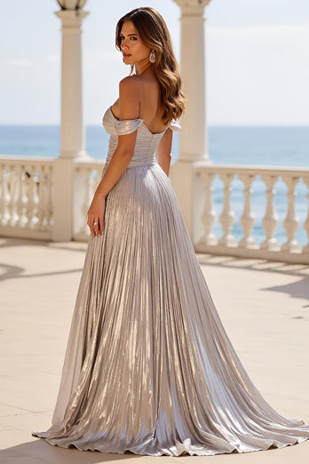 Silver Metallic Off The Shoulder Long A Line Prom Dress with Pleats