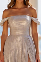 Load image into Gallery viewer, Silver Metallic Off The Shoulder Long A Line Prom Dress with Pleats
