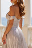 Load image into Gallery viewer, Silver Metallic Off The Shoulder Long A Line Prom Dress with Pleats