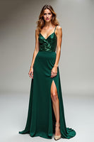 Load image into Gallery viewer, Dark Green Spaghetti Straps Long Sheath Prom Dress with Slit