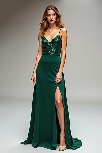 Dark Green Spaghetti Straps Long Sheath Prom Dress with Slit