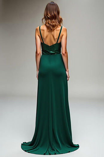 Dark Green Spaghetti Straps Long Sheath Prom Dress with Slit