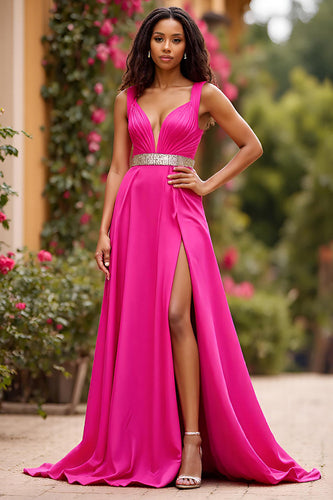 Fuchsia Satin V-Neck Long A Line Prom Dress with Slit