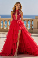 Load image into Gallery viewer, Red High Neck Long Bow Gown Prom Dress with Ruffles
