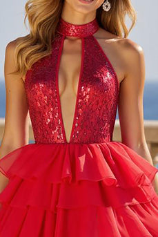 Red High Neck Long Bow Gown Prom Dress with Ruffles