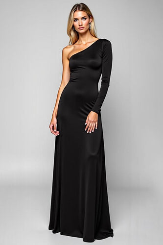 Simple Black Satin One Shoulder Long Sheath Prom Dress