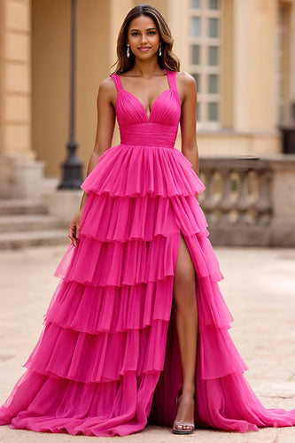 Fuchsia Tulle V-Neck Long Ball Gown Prom Dress with Slit