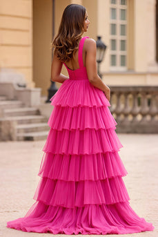 Fuchsia Tulle V-Neck Long Ball Gown Prom Dress with Slit