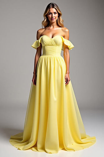 Light Yellow Chiffon Long Ball Gown Prom Dress with Ruffles