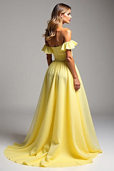 Light Yellow Chiffon Long Ball Gown Prom Dress with Ruffles