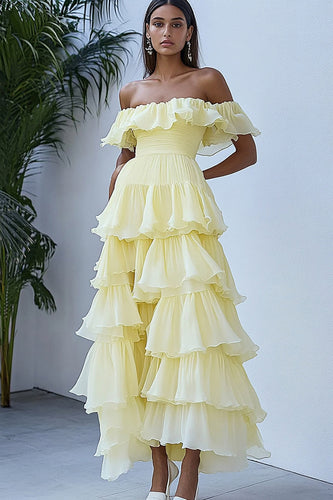 Daffodil Organza Ankle-Length A Line Graduation Dress with Ruffles