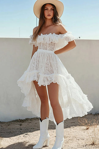 White Lace High-Low A Line Boho Graduation Dress with Ruffles