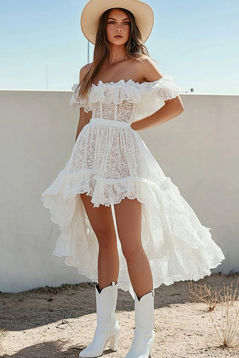 White Lace High-Low A Line Boho Graduation Dress with Ruffles