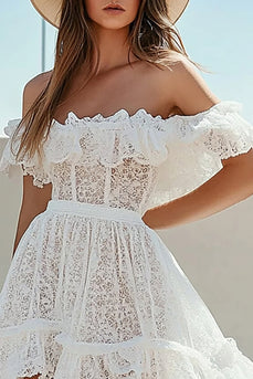 White Lace High-Low A Line Boho Graduation Dress with Ruffles