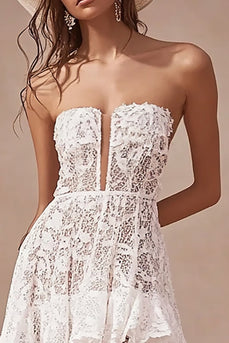 White Lace V-Neck High-Low A Line Boho Maxi Dress