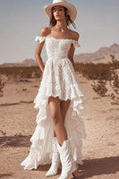 Load image into Gallery viewer, Women White Lace High-Low Boho Maxi Western Wedding Dress with Ruffles Off The Shoulder A Line Summer Dress