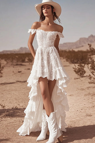 White Lace Off The Shoulder High-Low A Line Boho Maxi Dress