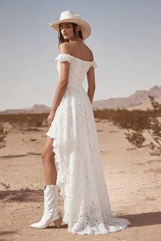 White Lace Off The Shoulder High-Low Boho Maxi Western Wedding Dress