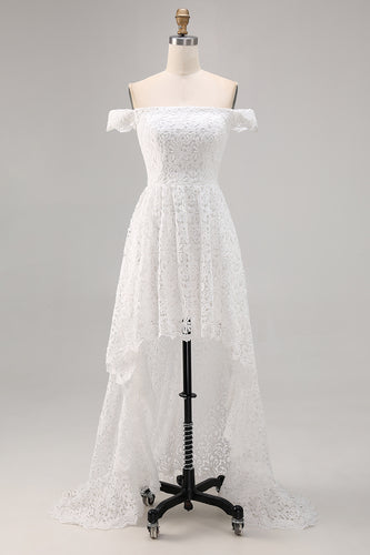 White Off the Shoulder Lace High-Low A Line Boho Maxi Dress