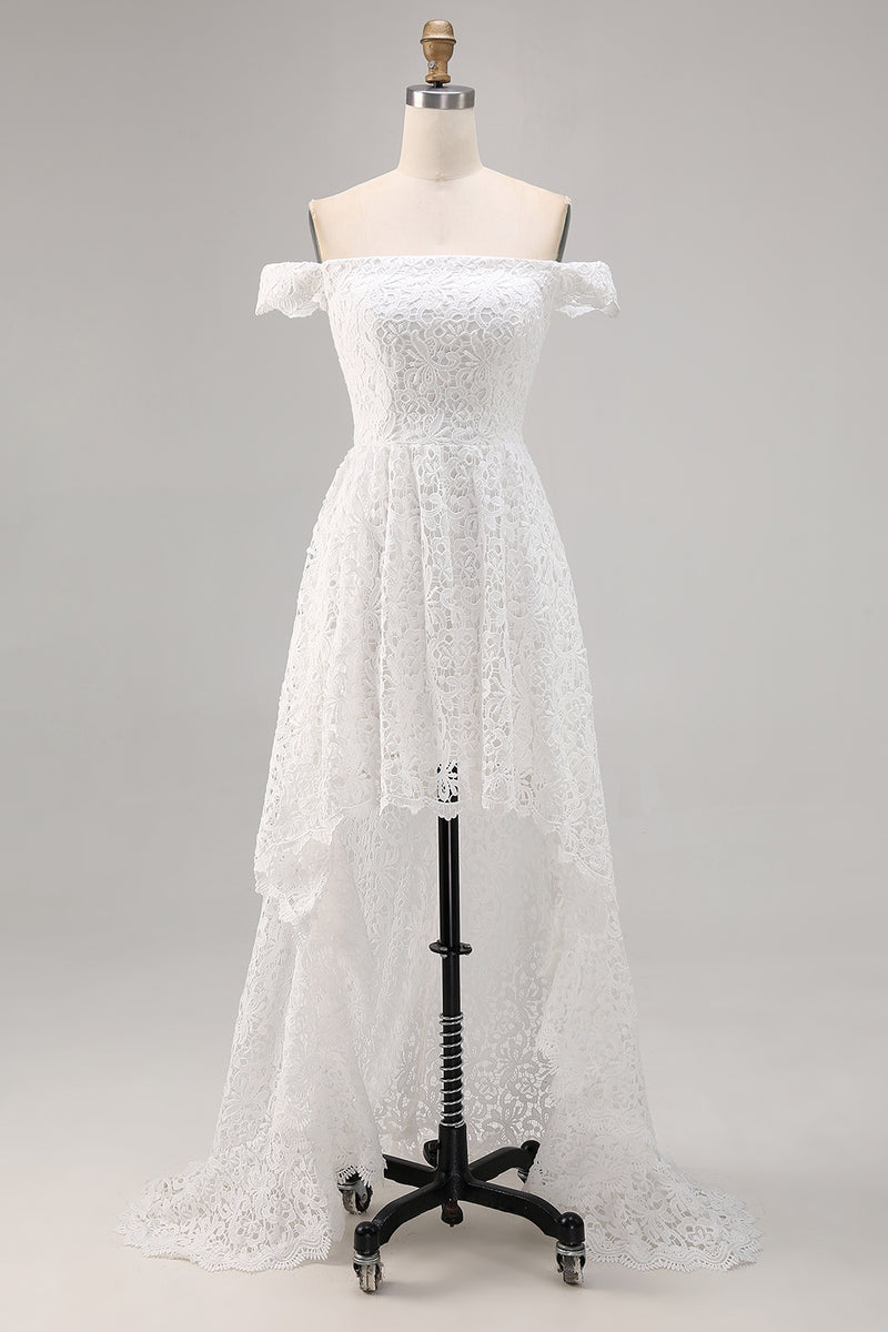 Load image into Gallery viewer, White Off the Shoulder Lace High-Low A Line Boho Maxi Dress