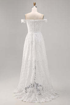White Off the Shoulder Lace High-Low A Line Boho Maxi Dress
