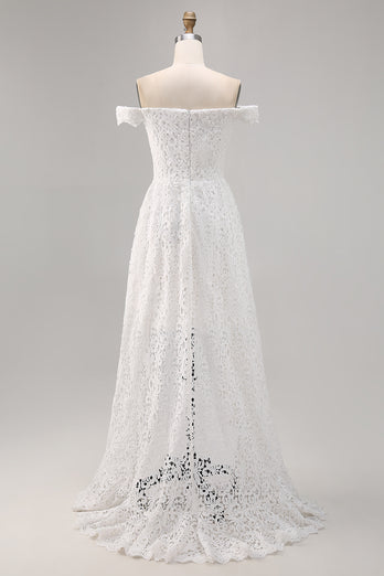 White Off the Shoulder Lace High-Low A Line Boho Maxi Dress