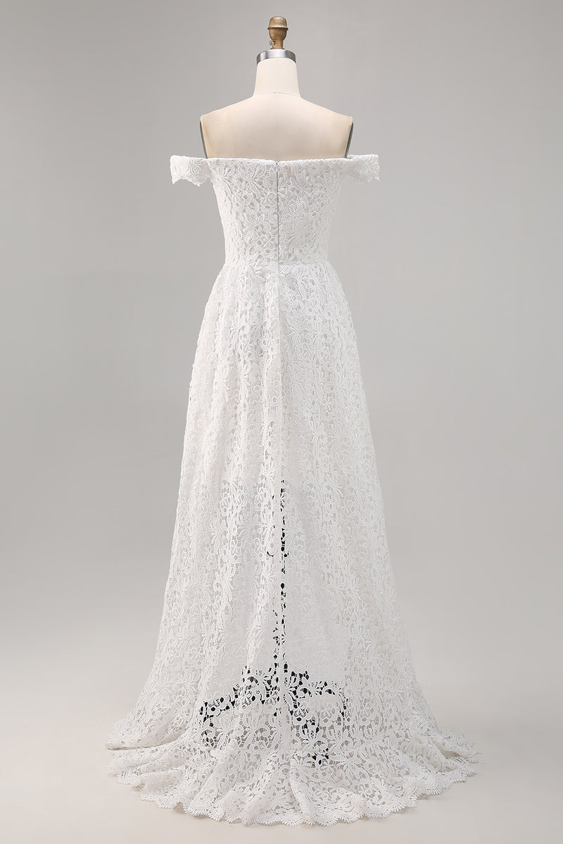 Load image into Gallery viewer, White Off the Shoulder Lace High-Low A Line Boho Maxi Dress