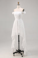 Load image into Gallery viewer, White Off the Shoulder Lace High-Low Boho Maxi Wedding Dress
