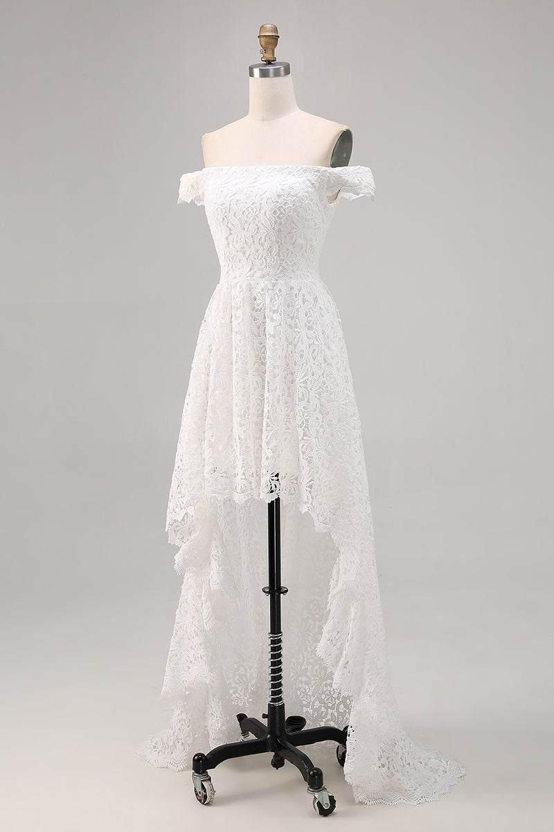 Load image into Gallery viewer, White Off the Shoulder Lace High-Low A Line Boho Maxi Dress