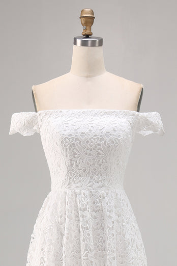 White Off the Shoulder Lace High-Low A Line Boho Maxi Dress