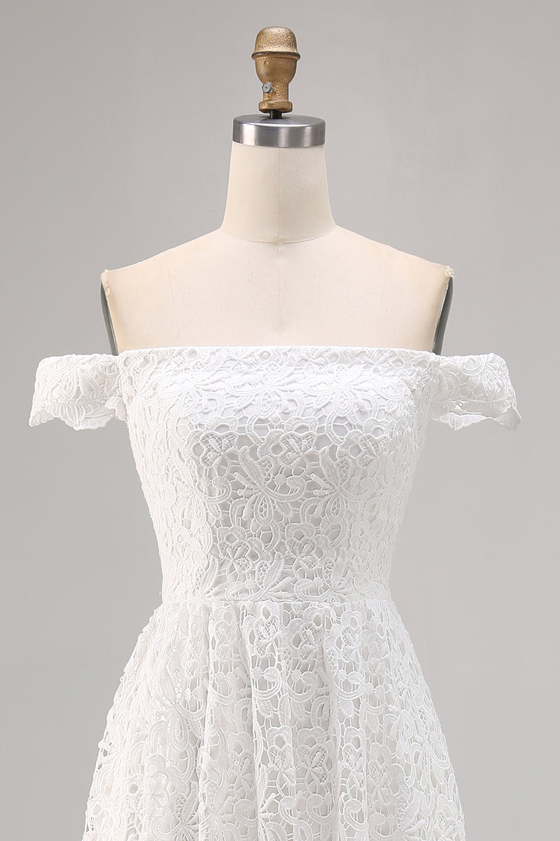 Load image into Gallery viewer, White Off the Shoulder Lace High-Low A Line Boho Maxi Dress