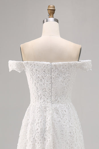 White Off the Shoulder Lace High-Low A Line Boho Maxi Dress