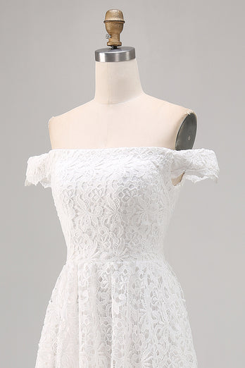 White Off the Shoulder Lace High-Low A Line Boho Maxi Dress
