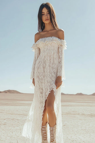 White Lace Off The Shoulder Boho Maxi Dress with Slit