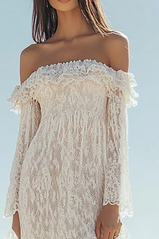 White Lace Off The Shoulder Boho Maxi Dress with Slit
