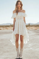 Load image into Gallery viewer, White Lace High-Low Off The Shoulder A Line Boho Graduation Dress