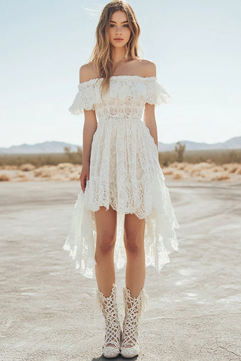 White Lace High-Low Off The Shoulder A Line Boho Graduation Dress
