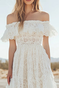 White Lace High-Low Off The Shoulder A Line Boho Graduation Dress