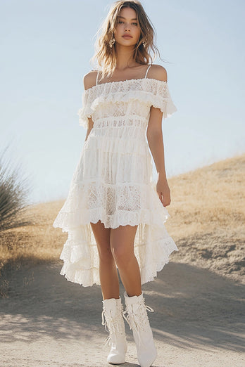 White Lace Cold Shoulder High-Low A Line Boho Graduation Dress